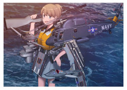 Rule 34 | 1girl, a-1 skyraider, a-4 skyhawk, aircraft, aircraft request, airplane, backpack, bag, blue eyes, bolt action, brown hair, camouflage, commentary request, cowboy shot, fairy (kancolle), flight deck, grey skirt, gun, hand on own hip, helicopter, highres, intrepid (kancolle), kantai collection, life vest, looking at viewer, m1903 springfield, machinery, miniskirt, ocean, original remodel (kantai collection), ponytail, rifle, rigging, scope, short hair, skirt, solo, standing, timmyyen, uh-2 seasprite, vehicle focus, water, weapon