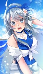 Rule 34 | 1girl, ahoge, blue hairband, blue one-piece swimsuit, blue sky, breasts, casual one-piece swimsuit, cloud, day, grey eyes, hairband, highres, kantai collection, katsuobushi (eba games), large breasts, long hair, one-piece swimsuit, outdoors, personification, silver hair, sky, solo, striped clothes, striped hairband, swimsuit, upper body, washington (kancolle)