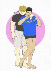 Rule 34 | 2boys, ao isami, arm on another&#039;s shoulder, bara, black hair, blonde hair, borrowed clothes, couple, facial hair, full body, hi bibibi, highres, lewis smith, male focus, micro shorts, multiple boys, muscular, muscular male, shirt, short shorts, shorts, sideburns stubble, smile, standing, stubble, t-shirt, thick eyebrows, two-tone background, yaoi, yuuki bakuhatsu bang bravern