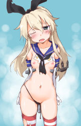 Rule 34 | 10s, 1girl, anchor, anchor hair ornament, arms behind back, black eyes, black panties, blonde hair, blush, breasts, elbow gloves, gloves, hair between eyes, hair ornament, kantai collection, kuronyan, long hair, navel, nipples, object insertion, open mouth, panties, personification, petite, school uniform, shimakaze (kancolle), small breasts, solo, standing, striped clothes, striped thighhighs, tears, thighhighs, torn clothes, underwear