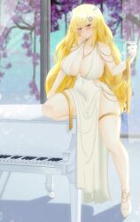 Rule 34 | 1girl, absurdres, alcohol, bare shoulders, blonde hair, blue eyes, blush, breasts, cocktail glass, covered navel, cup, curtains, drinking glass, flower, full body, gold, hair between eyes, head tilt, high heels, highres, hime hajime, holding, holding cup, instrument, jewelry, large breasts, long hair, necklace, no bra, no panties, o-ring, object through head, on one knee, peach-cup, piano, plunging neckline, screw in head, shoes, sideboob, sideless outfit, skindentation, smile, solo, thigh strap, very long hair, virtual youtuber, vshojo, white footwear, wisteria
