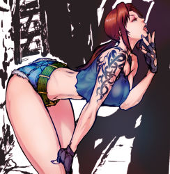 Rule 34 | 1girl, belt, bent over, black gloves, black lagoon, breasts, brown eyes, brown hair, crop top, cutoffs, denim, denim shorts, fingerless gloves, gloves, hand on own knee, large breasts, leaning forward, legs, long hair, midriff, ponytail, revy (black lagoon), sexually suggestive, shorts, shoulder tattoo, solo, tank top, tattoo, thighs, tongue, tongue out, youken