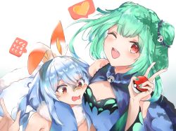 Rule 34 | 2girls, animal ears, arm around neck, breasts, burn mark, cleavage, cleavage cutout, clothing cutout, cosplay, creatures (company), crossover, double bun, elphe, from above, game freak, gen 8 pokemon, green eyes, hair bun, hair ornament, heart, highres, holding, holding poke ball, hololive, looking down, looking up, multiple girls, nintendo, one eye closed, open hand, open mouth, poke ball, pokemon, rabbit ears, rabbit girl, scorbunny, scorbunny (cosplay), short eyebrows, short hair, skull hair ornament, small breasts, spoken heart, tearing up, trait connection, uruha rushia, uruha rushia (1st costume), usada pekora, usada pekora (1st costume), virtual youtuber