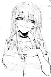 Rule 34 | 1girl, breasts, choker, cleavage, collared shirt, commentary, english commentary, greyscale, hand on own chest, hand up, head tilt, highres, j.k., large breasts, long hair, looking to the side, looking up, monochrome, original, parted lips, popped collar, shirt, smile, solo, upper body, wing collar
