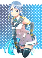 Rule 34 | 10s, 1girl, artist name, black thighhighs, blue eyes, blue hair, cowboy shot, elbow gloves, gloves, gradient hair, hand on own hip, hand on own thigh, kantai collection, light smile, long hair, multicolored hair, neckerchief, patterned background, sagamiso, samidare (kancolle), school uniform, serafuku, shirt, skirt, sleeveless, sleeveless shirt, solo, thighhighs, very long hair, white skirt