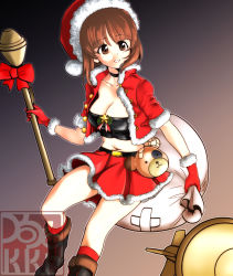 Rule 34 | 1girl, alternate costume, artist logo, artist name, belt, black background, black belt, black choker, black footwear, boko (girls und panzer), bomb, boots, bow, brown background, brown eyes, brown hair, choker, christmas, combat boots, crop top, cross-laced footwear, explosive, floating, fur-trimmed jacket, fur trim, girls und panzer, gloves, gradient background, grey socks, hat, high-explosive anti-tank (warhead), highres, holding, holding sack, holding weapon, jacket, lace-up boots, man-portable anti-tank systems, medium hair, midriff, miniskirt, navel, nishizumi miho, open mouth, panzerfaust, pink bow, pleated skirt, recoilless gun, red gloves, red hat, red jacket, red shirt, red skirt, red socks, revision, sack, santa costume, santa gloves, santa hat, shirt, short hair, short sleeves, skirt, smile, socks, solo, star ornament, sweatdrop, weapon, yoyokkun