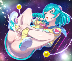 Rule 34 | 1girl, anus, blue eyes, blue gloves, blue hair, censored, crossed legs, fingerless gloves, full body, gloves, hagoromo lala, hounyouin, jewelry, mosaic censoring, no panties, open mouth, pee, peeing, pendant, pointy ears, precure, pussy, shoes, short hair, single glove, sky, solo, star-shaped pupils, star (sky), star (symbol), star twinkle precure, starry sky, symbol-shaped pupils