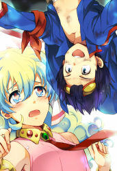 Rule 34 | 00s, blue hair, couple, crying, crying with eyes open, goggles, goggles on head, jewelry, kuroemon, multicolored hair, nia teppelin, topless male, simon (ttgl), symbol-shaped pupils, tears, tengen toppa gurren lagann, two-tone hair, upside-down, aged down