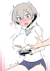 Rule 34 | !?, 1girl, :d, blue eyes, blush, grabbing another&#039;s breast, breasts, commentary request, controller, ear blush, fang, game controller, grabbing, grabbing from behind, grey hair, hair between eyes, hitotose rin, large breasts, nose blush, open mouth, short hair, shorts, simple background, skin fang, smile, solo focus, ^^^, sweat, nervous sweating, uzaki-chan wa asobitai!, uzaki hana, v-shaped eyebrows, white background