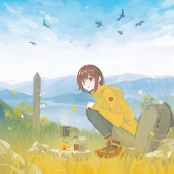 Rule 34 | 1girl, backpack, bag, bird, black socks, blue sky, brown footwear, brown hair, bug, butterfly, cloud, cloudy sky, craft-cs, day, grass, highres, hill, insect, jacket, long sleeves, looking at viewer, medium hair, original, outdoors, rock, shoes, sky, socks, solo, squatting, steam, white butterfly, yellow butterfly, yellow jacket