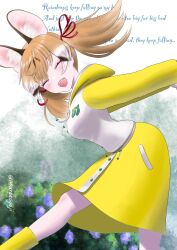 Rule 34 | 1girl, aburaeoyaji, animal ears, boots, brown hair, cat ears, cat girl, extra ears, flower, highres, kemono friends, kemono friends v project, large-spotted genet (kemono friends), long hair, looking at viewer, open mouth, raincoat, ribbon, smile, solo, twintails, virtual youtuber