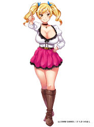 Rule 34 | 1girl, belt, blonde hair, boots, breasts, brown eyes, brown footwear, choker, cleavage, full body, hair ribbon, hand on own hip, index finger raised, knee boots, large breasts, looking at viewer, official art, petticoat, ribbon, skirt, smile, solo, twintails, yokkora