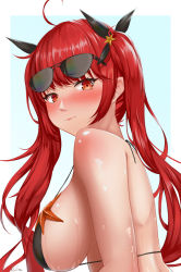 Rule 34 | 1girl, absurdres, artist name, azur lane, bikini, black bikini, blush, breasts, closed mouth, eyewear on head, from side, glasses, highres, honolulu (azur lane), honolulu (summer accident?!) (azur lane), ichikushi mojibake, large breasts, long hair, looking at viewer, looking to the side, red eyes, red hair, simple background, solo, starfish, sunglasses, swimsuit, twintails, wet