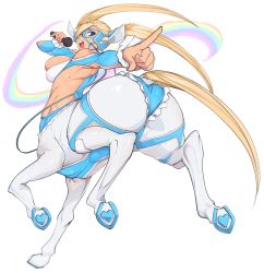 Rule 34 | 1girl, animal ears, ass, bad id, bad tumblr id, blonde hair, blue eyes, breasts, capcom, centaur, full body, heart, highres, hooves, horse ears, horse tail, index finger raised, large breasts, microphone, monster girl, open mouth, outstretched arm, rainbow, rainbow mika, simple background, skindentation, slugbox, solo, street fighter, tail, taur, twintails, white background