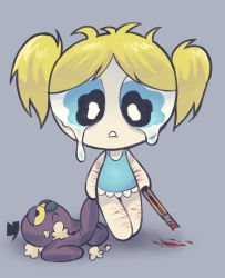 Rule 34 | absurdres, bad id, bad pixiv id, blonde hair, blood, blue eyes, boxcutter, bubbles (ppg), crying, crying with eyes open, highres, injury, messy hair, nightgown, powerpuff girls, sanjiro (tenshin anman), self-harm, sleepwear, solo, stuffed animal, stuffed toy, tears, twintails