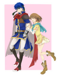 Rule 34 | 1boy, 1girl, :d, arm grab, blue eyes, blue hair, blush, boots, brother and sister, brown hair, cape, capelet, closed eyes, fire emblem, fire emblem: path of radiance, gloves, hair tubes, headband, highres, ike (fire emblem), miniskirt, mist (fire emblem), nintendo, open mouth, pink background, short hair, siblings, simple background, skirt, smile, socks, torn cape, torn clothes, white legwear