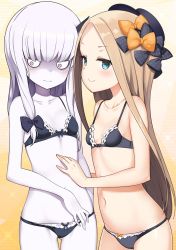 Rule 34 | 2girls, abigail williams (fate), arm at side, bad id, bad twitter id, bell (oppore coppore), black bra, black panties, blue eyes, bow, bow panties, bra, breasts, closed mouth, colored skin, cowboy shot, fate/grand order, fate (series), gluteal fold, hair bow, hand on another&#039;s stomach, highres, lavinia whateley (fate), light brown hair, long hair, looking away, multiple girls, navel, panties, parted bangs, purple skin, ribbon-trimmed bra, sidelocks, small breasts, smile, underwear, underwear only