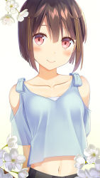 Rule 34 | absurdres, apollo (hu maple), arms behind back, bare shoulders, blue shirt, blush, bob cut, breasts, brown hair, closed mouth, clothing cutout, collarbone, flower, gradient background, hair between eyes, hair ornament, highres, looking at viewer, navel, original, red eyes, see-through silhouette, shirt, short hair, short sleeves, shoulder cutout, simple background, small breasts, smile, solo, upper body, white background, white flower, yellow background