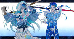 Rule 34 | 2boys, abs, armor, belt, black tank top, blue bodysuit, blue hair, bodysuit, bracelet, capelet, charatei, closed mouth, covered navel, crossed arms, cu chulainn (caster) (fate), cu chulainn (fate), cu chulainn (fate/stay night), earrings, elbow gloves, fate/grand order, fate/stay night, fate (series), fingerless gloves, floating hair, fur-trimmed hood, fur trim, gae bolg (fate), gloves, glowing, grin, highres, holding, holding polearm, holding staff, holding weapon, hood, hood up, hooded capelet, jewelry, long hair, looking to the side, magic circuit, male focus, multiple boys, multiple persona, muscular, muscular male, one eye covered, pauldrons, pectorals, polearm, polearm behind back, ponytail, red eyes, shoulder armor, single vambrace, skin tight, smile, spiked hair, staff, tank top, vambraces, weapon, wooden staff