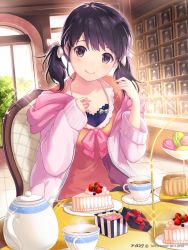 Rule 34 | 1girl, akiyama minaki, black eyes, black hair, bow, box, cake, casual, cup, food, gift, gift box, hair bow, hair ribbon, holding, hood, hooded jacket, ilog, jacket, jewelry, necklace, occhan (11715), official art, ribbon, smile, solo, teacup, teapot, tiered tray, twintails
