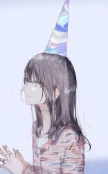 Rule 34 | 1girl, black hair, closed mouth, grey nails, hat, highres, jewelry, long hair, long sleeves, multicolored shirt, nail polish, original, party hat, purple background, ring, shirt, sketch, smile, solo, star (symbol), upper body, yori (f2 ef7)