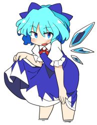Rule 34 | 1girl, blue bow, blue dress, blue eyes, blue hair, blush, bow, cirno, collared shirt, cropped legs, detached wings, dress, fairy, hair between eyes, hair bow, ice, ice wings, ini (inunabe00), open mouth, puffy short sleeves, puffy sleeves, shirt, short hair, short sleeves, simple background, smile, solo, touhou, white background, white shirt, wings