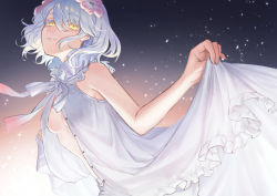 Rule 34 | 1girl, absurdres, bare arms, bare shoulders, black background, bloomers, breasts, buttons, colored eyelashes, dress, ears visible through hair, flower, gradient background, hair flower, hair ornament, high collar, highres, kudou chitose, leaning forward, light smile, looking at viewer, medium hair, neck ribbon, nijisanji, open clothes, open dress, ribbon, skirt hold, sleeveless, sleeveless dress, small breasts, solo, unbuttoned dress, underwear, usuke (u skeeep), virtual youtuber, white bloomers, white dress, white hair, white ribbon, yellow eyes