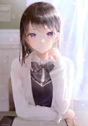 Rule 34 | 1girl, absurdres, black hair, blush, bow, classroom, curtains, day, desk, gomzi, hand up, highres, indoors, jacket, light particles, lips, long hair, looking at viewer, notebook, open clothes, open jacket, original, parted lips, pen, purple eyes, rin (gomzi), scan, school desk, school uniform, simple background, sitting, solo, sweater vest, window