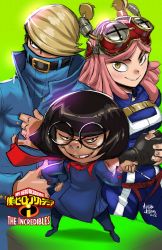 Rule 34 | 10s, 1boy, 2girls, best jeanist, black hair, blonde hair, boku no hero academia, buckle, covered mouth, crossover, denim, edna mode, goggles, goggles on head, hatsume mei, high collar, highres, marcusthevisual, multiple girls, pink hair, round eyewear, shortstack, symbol-shaped pupils, the incredibles, toon (style), u.a. gym uniform, yellow eyes