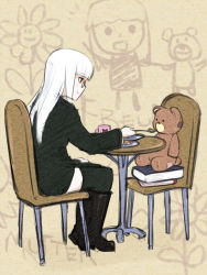 Rule 34 | 1girl, blush, boots, em (totsuzen no hakike), feeding, glasses, heidimarie w. schnaufer, long hair, red eyes, sitting, sketch, smile, solo, strike witches, stuffed animal, stuffed toy, table, teddy bear, white hair, world witches series