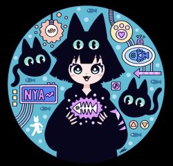 Rule 34 | 1girl, :3, animal ears, aqua background, arrow (symbol), black cat, black hair, black hoodie, blunt bangs, blunt ends, blush stickers, bright pupils, cat, cat ears, commentary request, dot nose, eighth note, extra eyes, fang, fish background, fish bone, garouma, green eyes, hands up, highres, hood, hood down, hoodie, light bulb, long sleeves, looking at viewer, musical note, nyan, open mouth, original, romaji text, rotating light, round image, short hair, signature, sleeves past wrists, smile, solo, straight-on, straight hair, telekinesis, upper body, white pupils