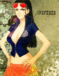 Rule 34 | 1girl, black hair, blue eyes, blue shirt, breasts, center opening, cleavage, collarbone, crop top, eyelashes, eyewear on head, floral print, flower, glasses, hair slicked back, hands on own hips, j (onose1213), large breasts, lips, long hair, looking at viewer, lowleg, midriff, navel, nico robin, no bra, one piece, open clothes, open shirt, pink skirt, realistic, revealing clothes, sarong, shirt, short sleeves, skirt, smile, solo, sunglasses, unzipped, zipper