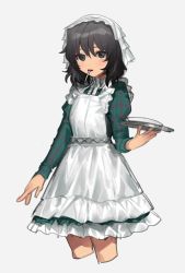 Rule 34 | 1girl, andou (girls und panzer), apron, arm at side, black eyes, black hair, candy, chin strap, commentary, cowboy shot, cropped legs, dress, food, food in mouth, frilled apron, frills, girls und panzer, green dress, grey background, hair between eyes, hand up, holding, holding tray, juliet sleeves, light blush, lollipop, long sleeves, looking at viewer, looking to the side, maid apron, medium hair, mouth hold, parted lips, petticoat, plaid, plaid dress, puffy sleeves, simple background, solo, standing, symbol-only commentary, tan (inka), tray, uniform, veil, waitress, white apron, white headwear, white veil