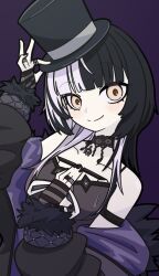 1girl arm_strap black_choker black_dress black_hair black_hat black_jacket black_nails blunt_bangs breasts chest_strap choker closed_mouth commentary dress english_commentary fingernails fur-trimmed_jacket fur-trimmed_sleeves fur_trim grey_hair hand_on_own_chest hat head_tilt highres hololive hololive_english jacket jewelry light_blush long_fingernails long_hair long_sleeves looking_at_viewer medium_breasts multicolored_hair multiple_rings nail_polish off_shoulder open_clothes open_jacket pendant_choker puffy_long_sleeves puffy_sleeves purple_background ring shiori_novella shiori_novella_(1st_costume) simple_background sleeveless sleeveless_dress smile solo spaghetti_strap split-color_hair split_mouth striped_arm_warmers top_hat two-tone_hair upper_body virtual_youtuber yellow_eyes yuvur1