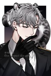 Rule 34 | 1blgs, 1boy, black coat, black eyes, black gloves, black necktie, black suit, border, closed mouth, coat, collared shirt, formal, gloves, grey hair, hand on own chin, highres, ilay riegrow, long sleeves, male focus, necktie, passion (manhwa), shirt, smile, snow leopard ears, snow leopard tail, solo, suit, twitter username, white border, white shirt