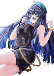 Rule 34 | 1girl, absurdres, age fx, bare shoulders, beret, black camisole, black hair, black shorts, blue hair, bracelet, breasts, buttons, camisole, colored inner hair, double-breasted, fate/grand order, fate (series), green hat, grey eyes, hat, highres, jewelry, key, long hair, looking at viewer, medium breasts, multicolored hair, neck ring, round eyewear, shorts, sidelocks, smile, solo, sunglasses, tenochtitlan (fate), tenochtitlan (second ascension) (fate), thighs, wavy hair