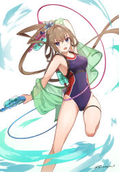 Rule 34 | 1girl, belt, blue eyes, brown hair, competition swimsuit, dual wielding, flower, hair flower, hair ornament, highres, holding, jacket, masamune (monster strike), monster strike, one-piece swimsuit, open mouth, ponytail, s-masa 7131, see-through clothes, see-through jacket, solo, swimsuit, two-tone swimsuit, water gun