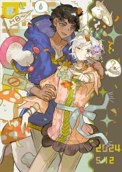 Rule 34 | 2boys, absurdres, black hair, blue eyes, blue hoodie, bracelet, cake, cake slice, chinese commentary, collarbone, commentary request, confetti, cowboy shot, dated, dungeon meshi, flag, floating, floating object, flower, food, food on face, frilled shirt, frills, fruit, hair flower, hair ornament, hand on another&#039;s arm, happy birthday, hat, highres, hood, hood down, hoodie, jewelry, kabru, male focus, mithrun, multicolored background, multiple boys, mushroom, notched ear, open mouth, outstretched arm, pants, party hat, pink shirt, pointy ears, sash, shirt, short hair, smile, spoken object, strawberry, uneven eyes, walking mushroom (dungeon meshi), whipped cream, white hair, white pants, white sash, wide-eyed, wo yao chifan, yaoi