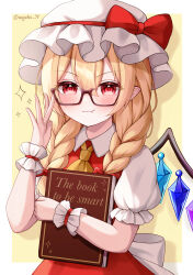 Rule 34 | 1girl, adjusting eyewear, ascot, back bow, bespectacled, blonde hair, book, bow, braid, commentary request, crystal, english text, fang, flandre scarlet, glasses, hair between eyes, hat, hat bow, highres, holding, holding book, long hair, looking at viewer, mob cap, multicolored wings, naarsann, pointy ears, puffy short sleeves, puffy sleeves, red bow, red eyes, red vest, short sleeves, smile, solo, sparkle, touhou, twin braids, twitter username, vest, white bow, white hat, wings, wrist cuffs, yellow ascot