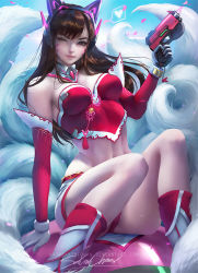 Rule 34 | 1girl, ;), ahri (league of legends), ahri (league of legends) (cosplay), alternate costume, anaglyph, animal ears, artist name, bare shoulders, black hair, breasts, brown eyes, brown hair, character name, choker, cleavage, cosplay, costume, crop top, crossover, d.va (overwatch), denim, denim shorts, detached sleeves, deviantart, elbow gloves, energy ball, facepaint, facial mark, fake animal ears, female focus, fox, fox girl, fox tail, fur trim, gloves, gun, hair ornament, headphones, heart, holding, holding weapon, japanese clothes, kimono, kitsune, korean clothes, league of legends, long hair, looking at viewer, magic, medium breasts, midriff, multiple tails, nail polish, navel, one eye closed, overwatch, overwatch 1, parted lips, realistic, riot games, sakimichan, short shorts, shorts, signature, sitting, smile, solo, speech bubble, spoken heart, stomach, tail, thighhighs, traditional clothes, underwear, watermark, weapon, web address, whisker markings, white gloves, wink, wolf girl, yellow eyes