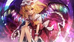 Rule 34 | 1girl, ascot, blonde hair, commentary request, fang, flandre scarlet, frills, hat, highres, kohaku muro, looking at viewer, mob cap, open mouth, petticoat, puffy short sleeves, puffy sleeves, red eyes, sash, short sleeves, side ponytail, solo, touhou, wings, wrist cuffs, yellow ascot