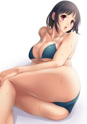Rule 34 | 10s, 1girl, ass, bikini, black hair, blush, breasts, cleavage, curvy, female focus, kantai collection, large breasts, looking at viewer, lying, on side, open mouth, red eyes, sakiyamama, short hair, simple background, solo, sweat, swimsuit, takao (kancolle), thick thighs, thighs, wide hips