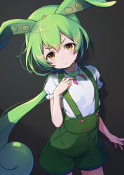 Rule 34 | 1girl, buttons, commentary request, dark background, green hair, green shorts, green suspenders, hair between eyes, hibi tsuna, highres, looking at viewer, orange eyes, parted lips, ponytail, puffy short sleeves, puffy shorts, puffy sleeves, ribbon, shirt, short sleeves, shorts, solo, suspenders, voicevox, white shirt, zundamon