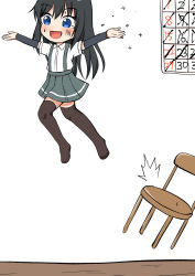 Rule 34 | 1girl, arm warmers, asashio (kancolle), black hair, black thighhighs, blue eyes, calendar (object), chair, comiching, commentary request, dress shirt, grey skirt, highres, jumping, kantai collection, long hair, shirt, short sleeves, simple background, skirt, solo, suspender skirt, suspenders, thighhighs, white background, white shirt