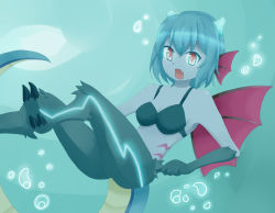 Rule 34 | 1girl, blue hair, dark skin, fang, fins, frost demon (p&amp;d), head fins, highres, horns, monster girl, puzzle &amp; dragons, red eyes, tail, wings
