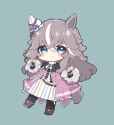 Rule 34 | 1girl, animal ears, black pantyhose, blue eyes, blush stickers, bridal gauntlets, brown footwear, brown hair, chibi, closed mouth, commentary request, full body, grey background, hair between eyes, highres, horse ears, horse girl, horse tail, jacket, looking at viewer, multicolored hair, nozo (hitomiz), pantyhose, pink jacket, pleated skirt, shoes, short eyebrows, skirt, smile, solo, streaked hair, striped clothes, striped skirt, tail, thick eyebrows, umamusume, vertical-striped clothes, vertical-striped skirt, white hair, white skirt, wonder acute (umamusume)