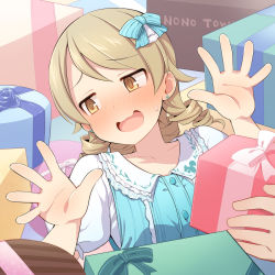 Rule 34 | 1girl, 1other, @ @, bad id, bad pixiv id, blue dress, blush, box, brown eyes, brown hair, collarbone, collared shirt, commentary request, dress, earrings, gift, gift box, highres, holding, holding gift, idolmaster, idolmaster cinderella girls, jewelry, long hair, morikubo nono, nose blush, open mouth, parted bangs, puffy short sleeves, puffy sleeves, ringlets, romaji commentary, shirt, short sleeves, sleeveless, sleeveless dress, stud earrings, sweat, uccow, upper body, wavy hair, white shirt