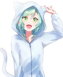 Rule 34 | 1girl, :d, animal hood, aqua hair, bang dream!, blue jacket, bow, braid, cat hood, cat tail, green eyes, hair bow, hand in pocket, hand on own ear, highres, hikawa hina, hood, hood up, hooded jacket, jacket, komachi narota, long sleeves, m/, open mouth, side braid, side braids, simple background, sketch, smile, solo, tail, upper body, white background, yellow bow