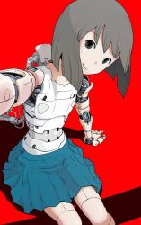 Rule 34 | 1girl, android, highres, joints, looking at viewer, mechanical parts, original, reaching, reaching towards viewer, red background, robot joints, selfie, short hair, simple background, sitting, skirt, solo, sukabu