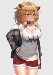 Rule 34 | 1girl, ahoge, animal ears, arknights, bad id, bad pixiv id, black jacket, blonde hair, blush, breasts, choker, cleavage, closed mouth, cowboy shot, deaver, embarrassed, fur-trimmed jacket, fur-trimmed shorts, fur trim, grey background, hand on own hip, highres, jacket, large breasts, lion ears, long hair, long sleeves, looking at viewer, nipples, ponytail, red shorts, short shorts, shorts, siege (arknights), simple background, solo, standing, sweat, tank top, thigh gap, thighs, wet, wet clothes, white tank top